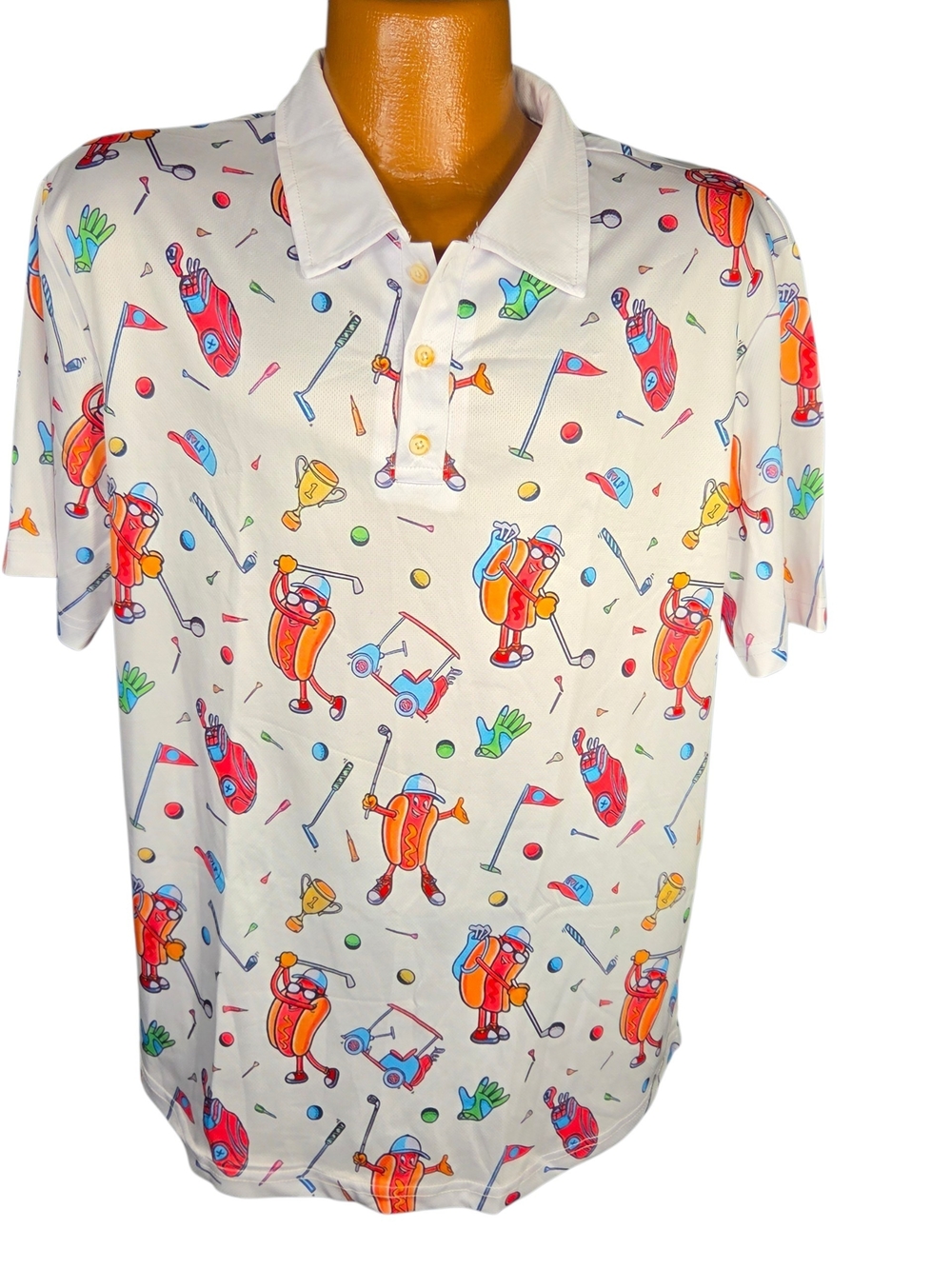 OUFISUN Golf Men's L White Short Sleeve Polyester Polo Hot Dog Graphic Print